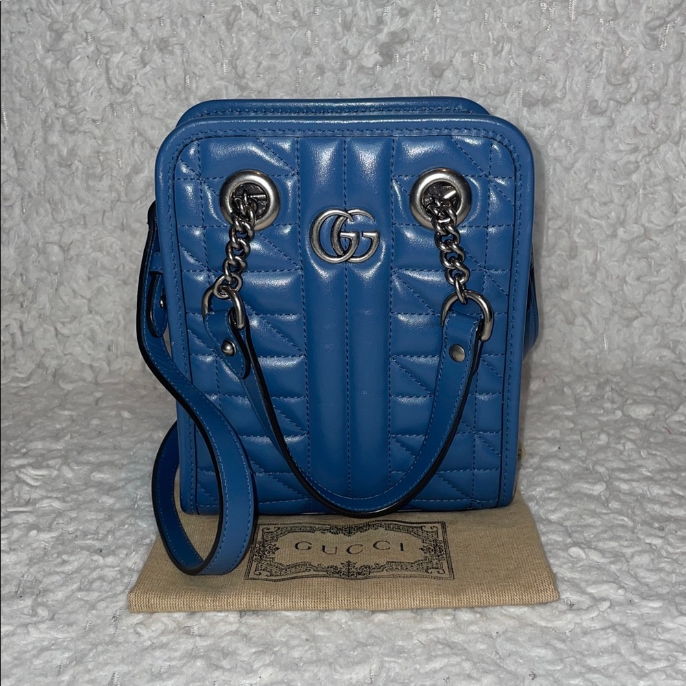 Gucci GG Aria Marmont Matelasse Quilted 2-Way Crossbody Shoulder Bag Blue 696123